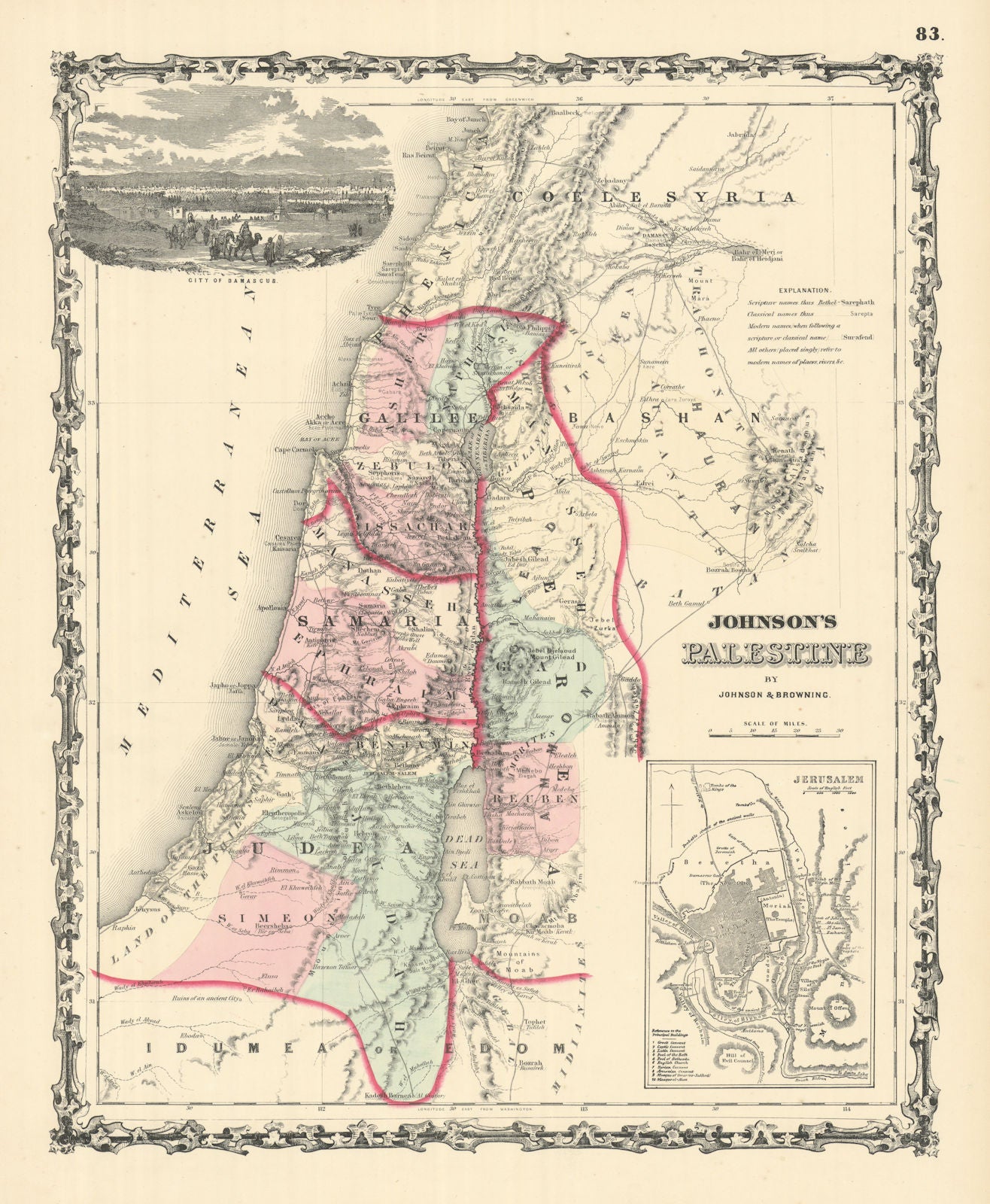 Johnson's Palestine. Jerusalem Damascus. 12 tribes of Israel. Holy Land 1861 map